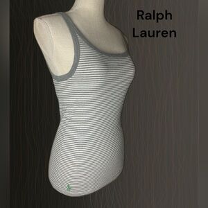 💋 Ralph Lauren Stretch Cotton Ribbed Gray & White Tank Top Sz Lg NWOT
